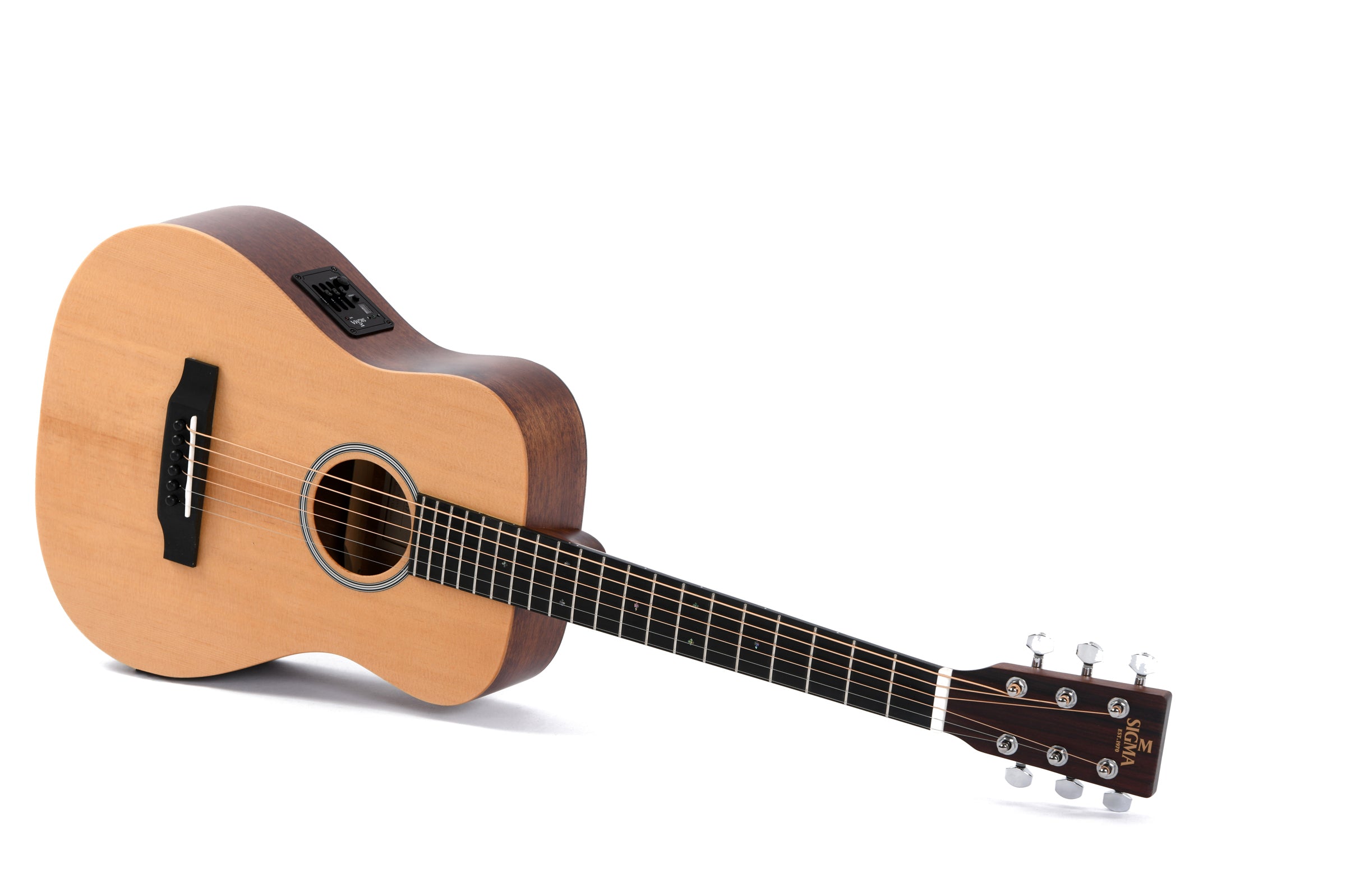 Small-bodied acoustic guitar with a light wood top, dark sides, electronic controls on the upper side, six strings, and silver tuning pegs.
