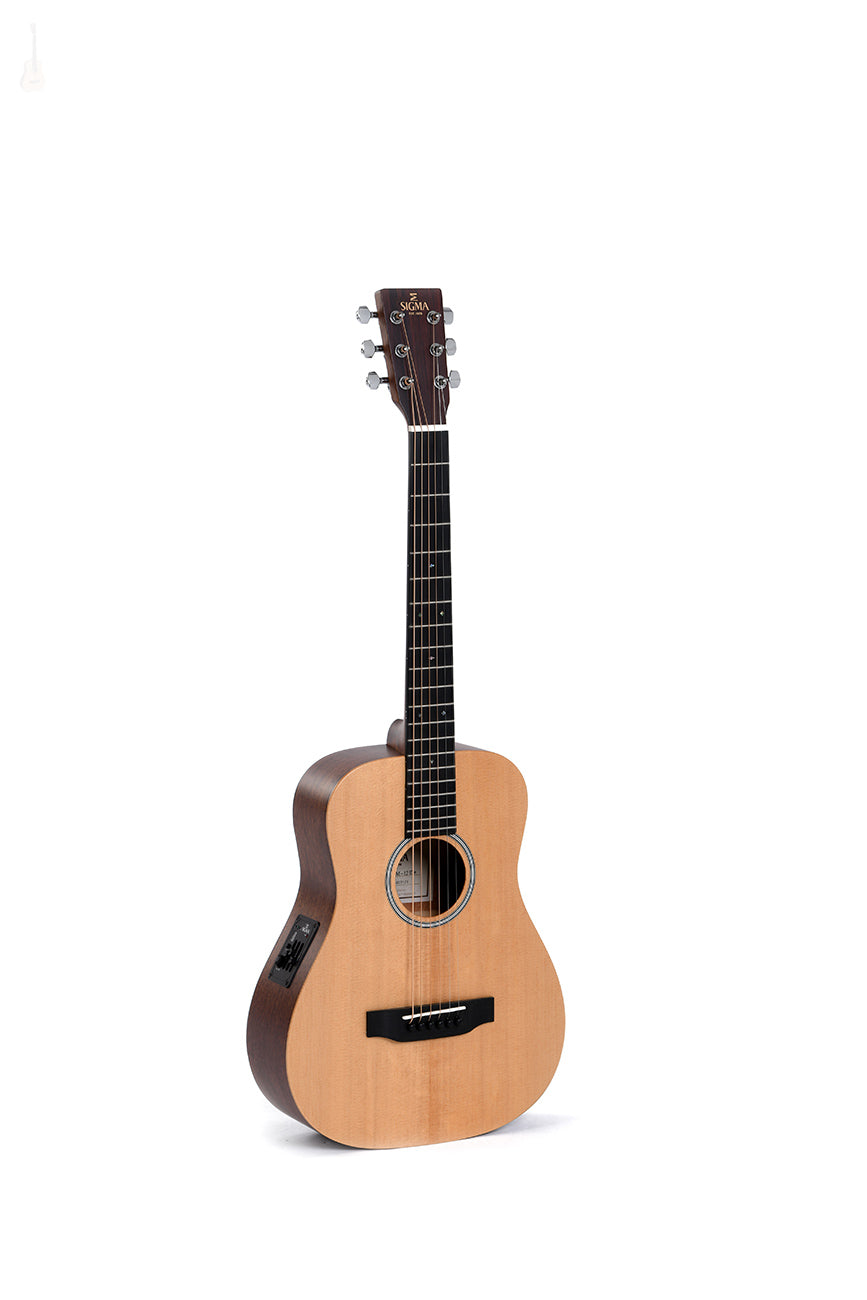 Light brown acoustic guitar with a dark brown neck and sides, six tuning pegs, circular sound hole, and side-mounted electronics panel.