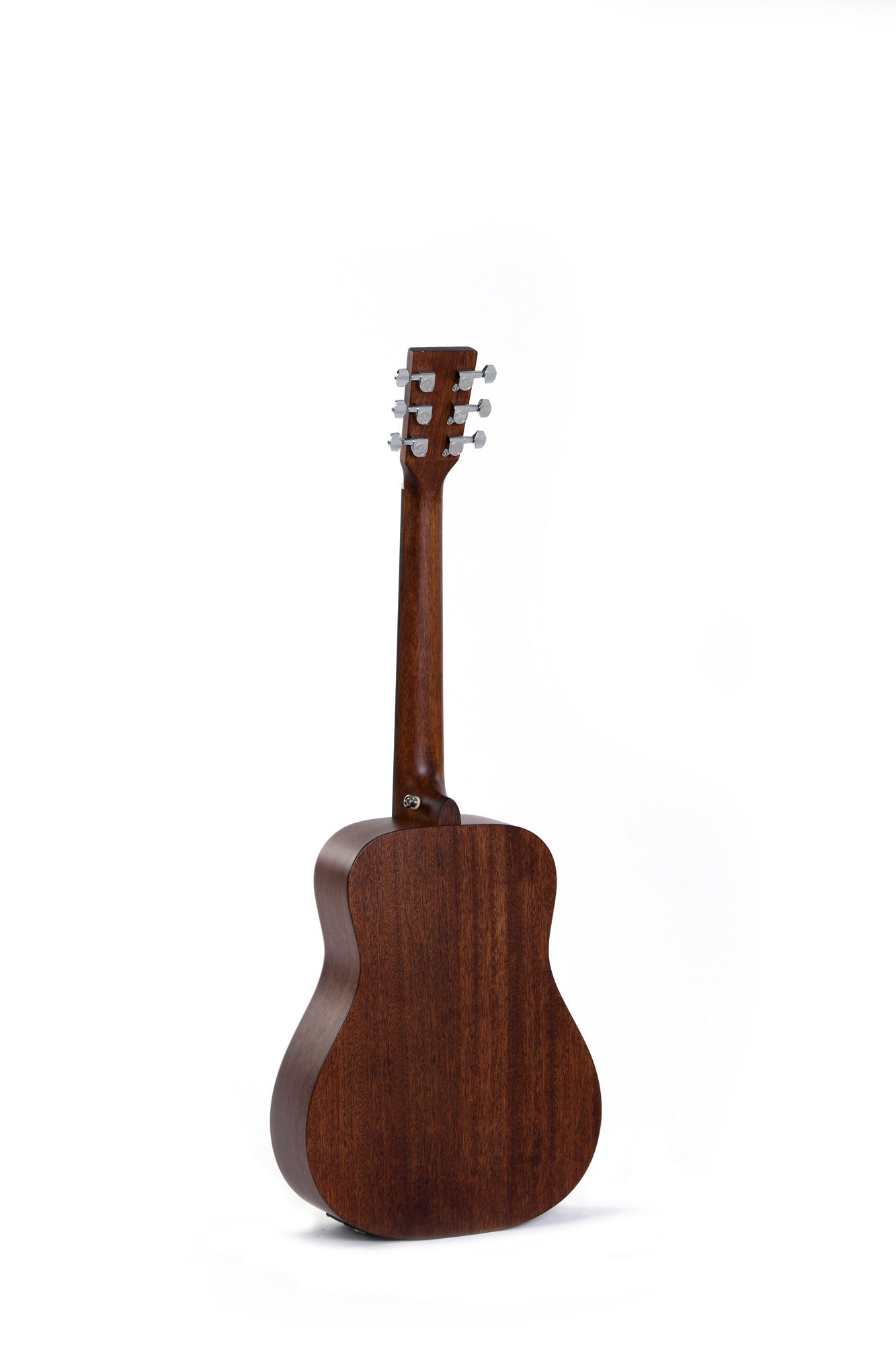 Rear view of an acoustic guitar with a dark wood finish, showing the back, neck, and silver tuning pegs.