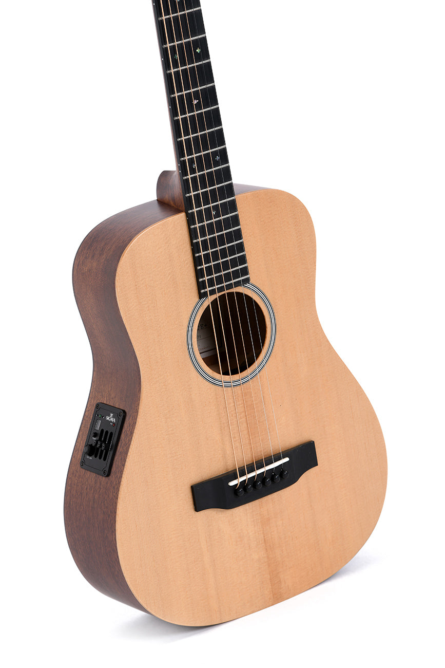 Natural wood-finish acoustic guitar with six strings, a black bridge, and a side control panel for built-in electronics.