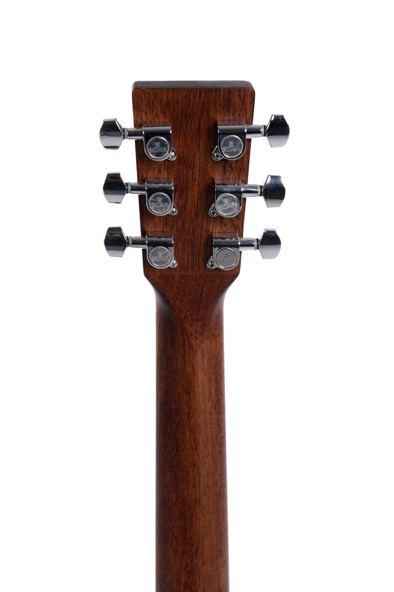 Rear view of an acoustic guitar headstock showing six chrome tuning pegs attached to dark brown wood.
