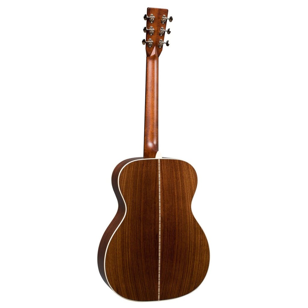 Acoustic guitar shown from the back, with a smooth brown wood finish and a lighter center stripe running vertically down the body.