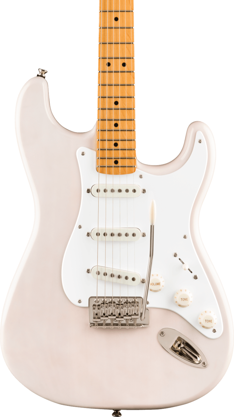 Pale pink electric guitar with a white pickguard, three single-coil pickups, maple neck, and chrome tremolo arm.