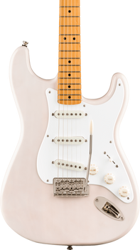 Pale pink electric guitar with a white pickguard, three single-coil pickups, maple neck, and chrome tremolo arm.