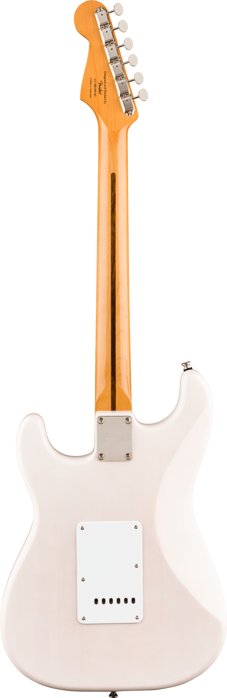 Rear view of a white electric guitar with a light wood neck, six tuners, and a rectangular back plate secured by screws.