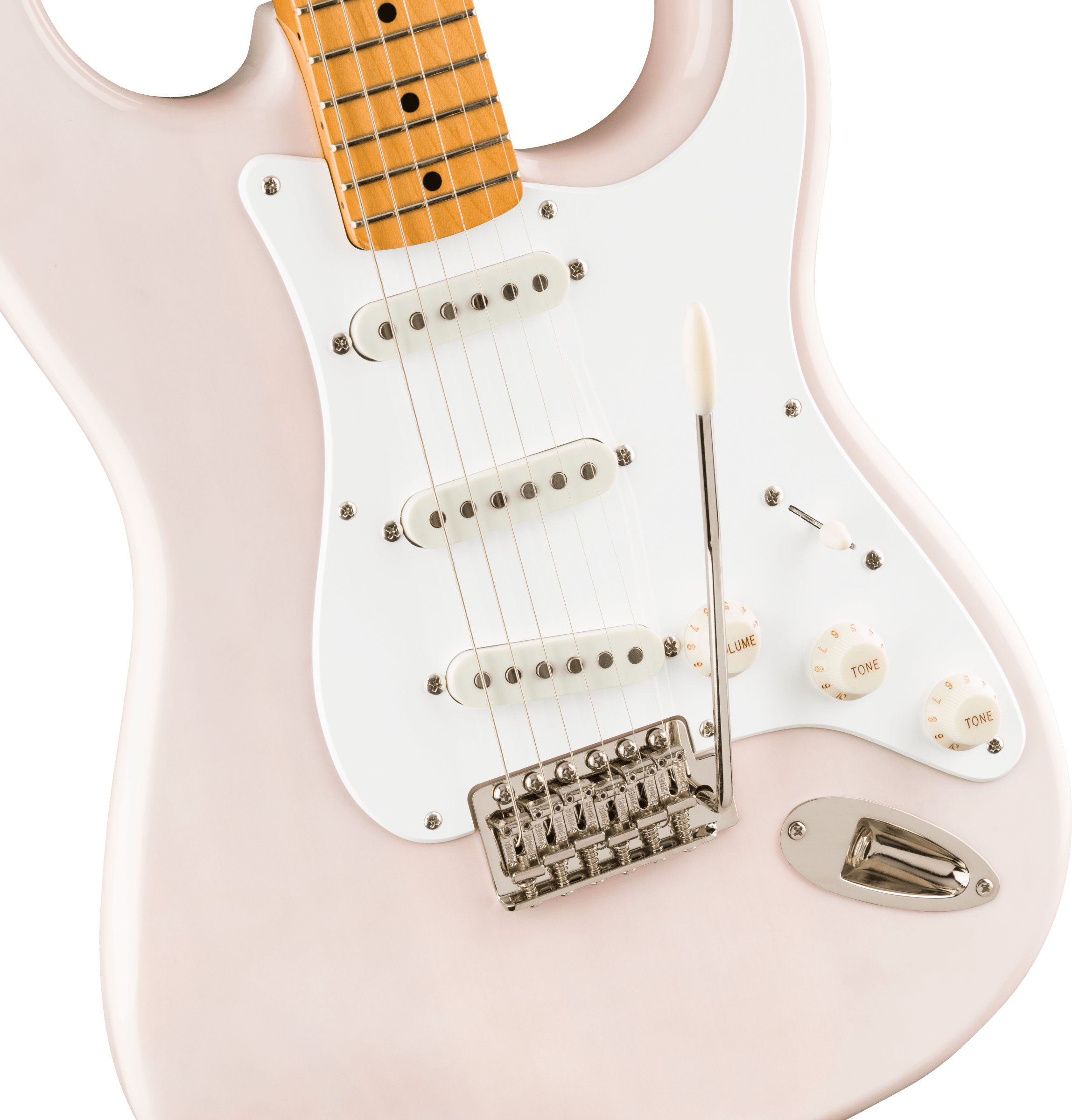 Light pink electric guitar with white pickguard, three single-coil pickups, three control knobs, a whammy bar, and a maple fretboard.