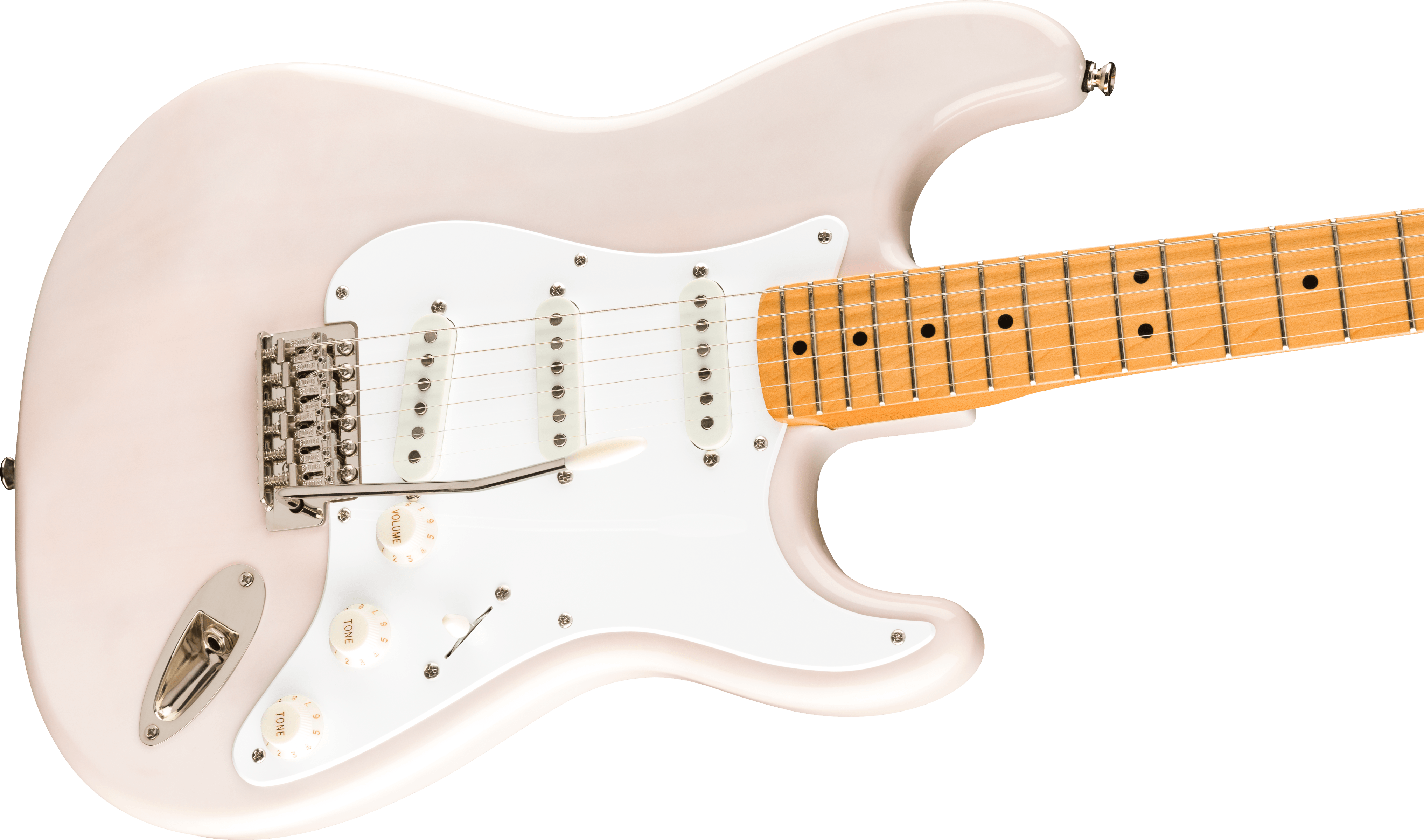 Light pink electric guitar with a white pickguard, three single-coil pickups, maple neck, and chrome bridge with attached tremolo arm.