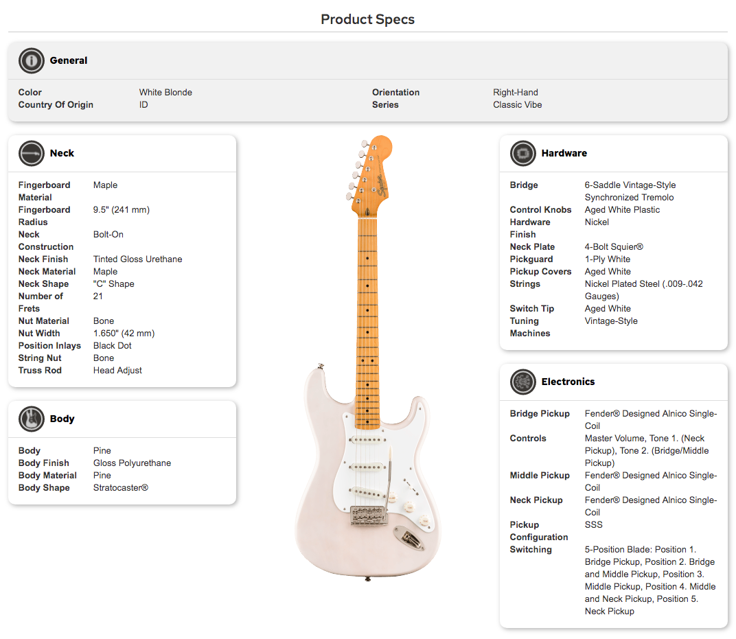 Classic Vibe right-handed Stratocaster electric guitar in white blonde finish, maple neck, pine body, three single-coil pickups, vintage-style hardware.