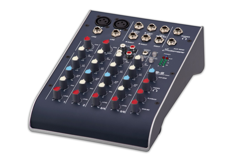 Compact PA mixer with six rotary control channels, various input jacks on top panel, colored knobs for EQ and volume, and LED level indicators.