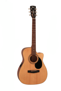 Cort acoustic guitar with a natural wood finish, cutaway body, six strings, and a black pickguard on the right of the sound hole.