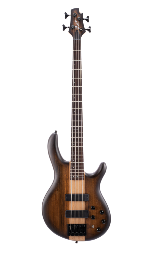 Four-string electric bass with a dark brown sunburst finish, two pickups, five control knobs, and a natural wood stripe down the center.