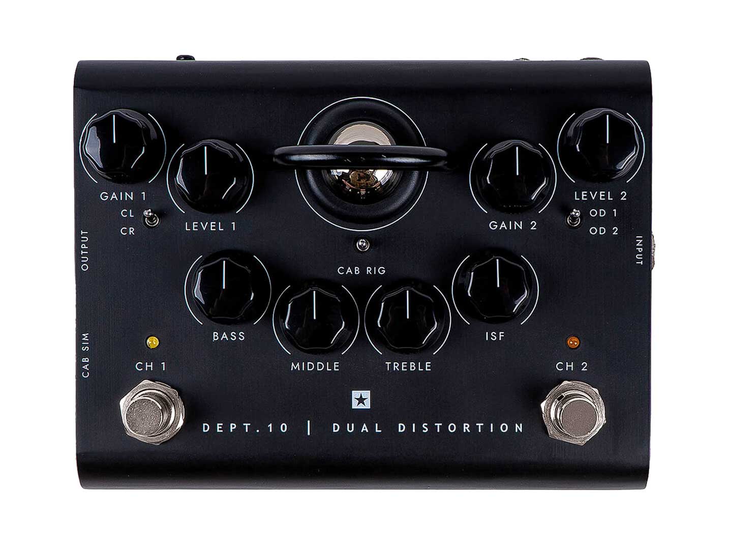 Black FX pedal with eleven knobs, two footswitches, labeled Dept. 10 Dual Distortion, and a visible vacuum tube in the center top area.