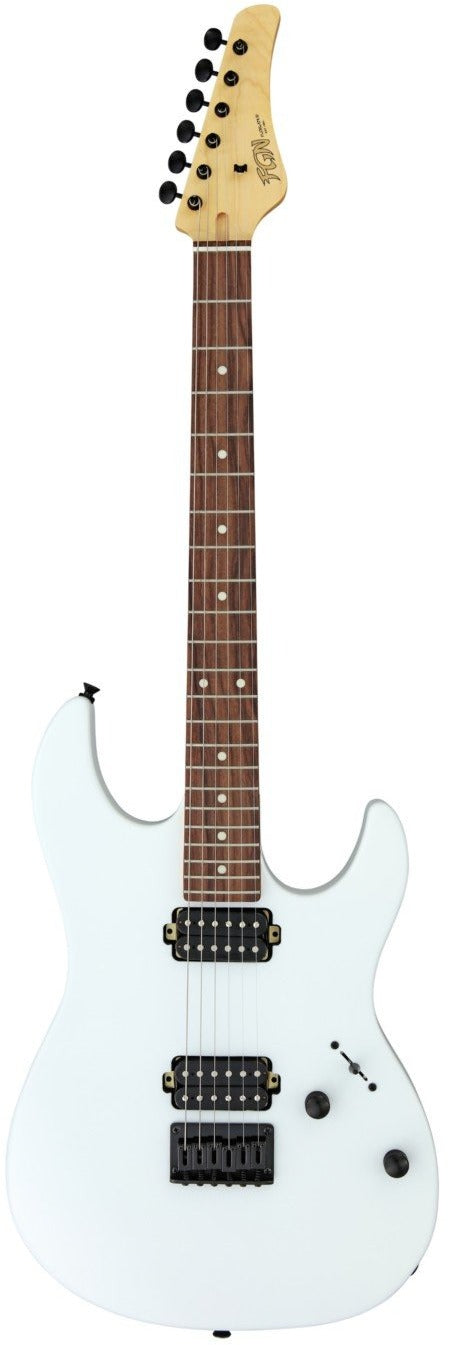 White electric guitar with a double-cutaway body, rosewood fretboard, two black humbucker pickups, black hardware, and a single volume and tone knob.