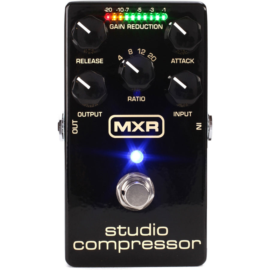 Black MXR studio compressor effects pedal with five control knobs, LED gain reduction meter, a blue indicator light, and a footswitch.