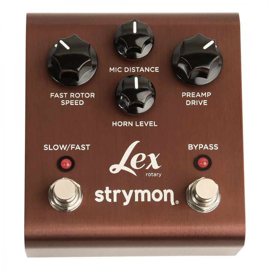 Strymon Lex rotary effects pedal with four black knobs, two footswitches labeled Slow/Fast and Bypass, and brown metallic casing.