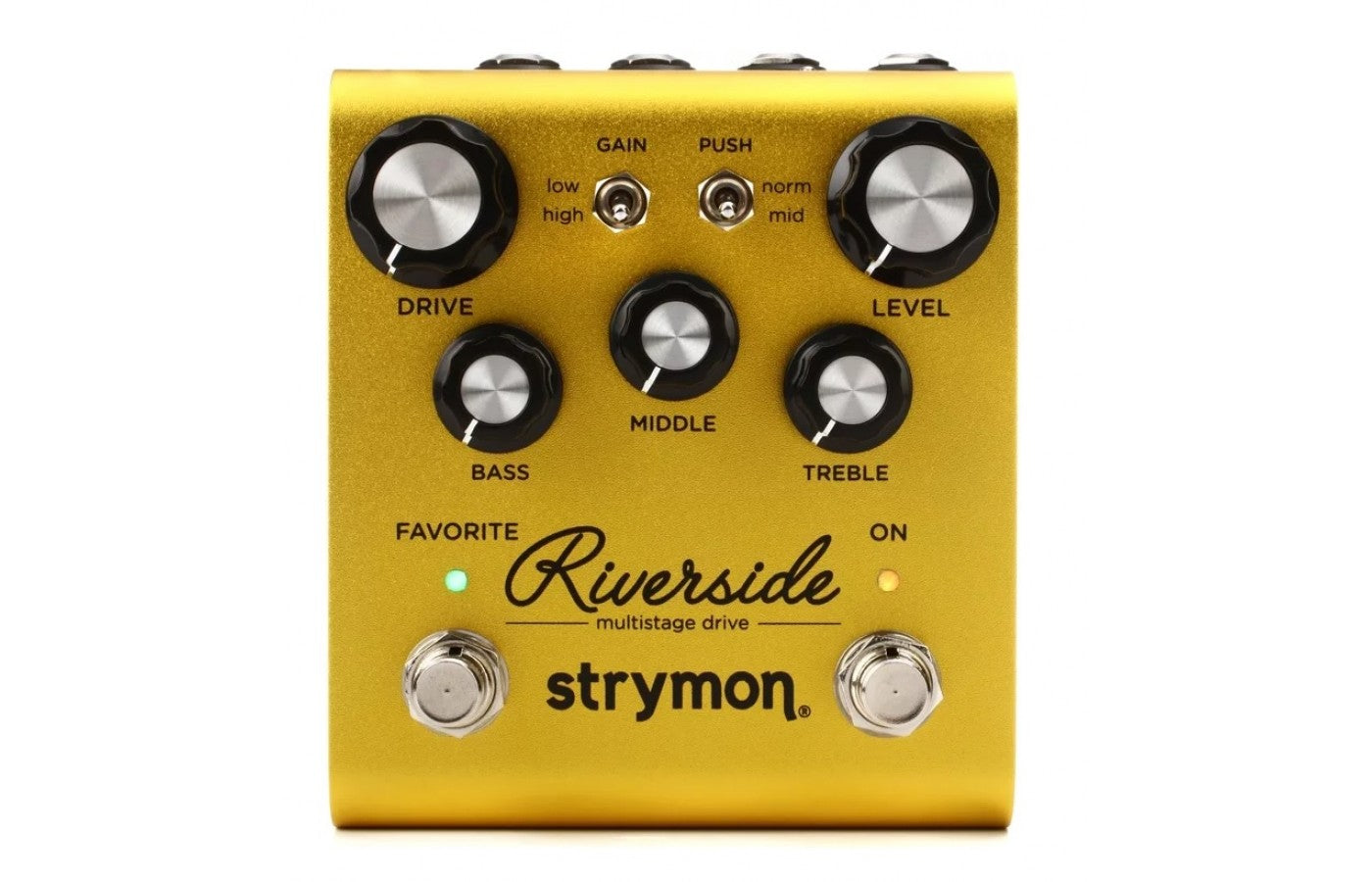 Gold Strymon Riverside multistage drive effects pedal with five knobs, two toggle switches, two footswitches, and two small indicator lights.