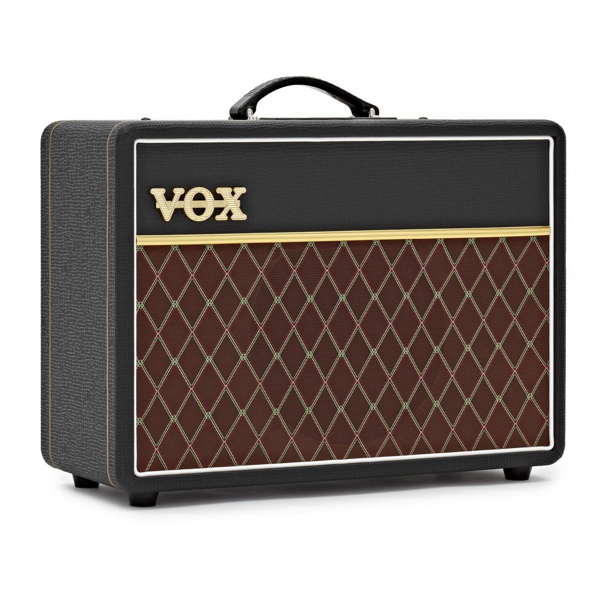 Black Vox amplifier with gold logo, a black handle on top, and a brown front grille featuring a diamond pattern with gold and cream lines.