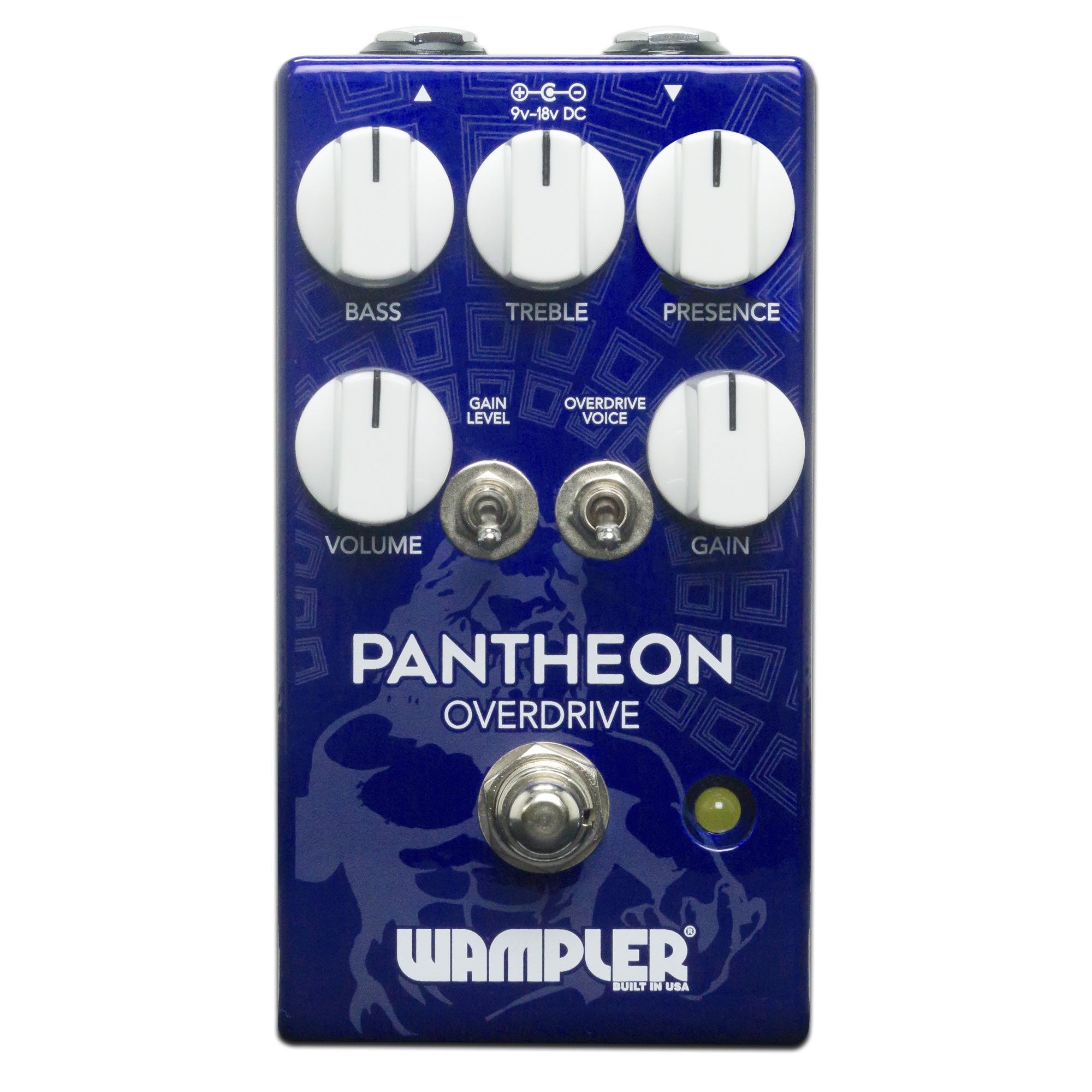 Wampler Pantheon Overdrive effects pedal, five white knobs labeled bass, treble, presence, volume, gain, two toggle switches, blue casing.