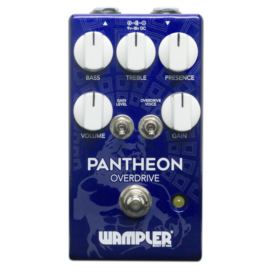 Wampler Pantheon Overdrive effects pedal, five white knobs labeled bass, treble, presence, volume, gain, two toggle switches, blue casing.