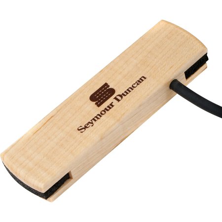 Rectangular maple wood guitar pickup with "Seymour Duncan" and a logo printed on top, black cable attached on one side.