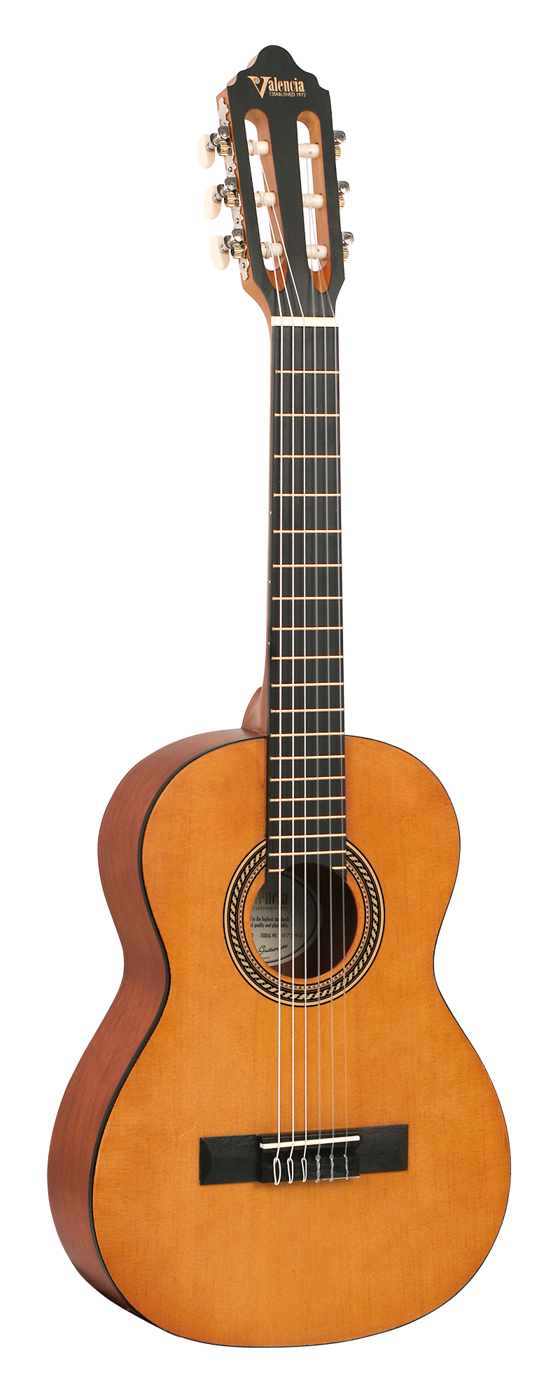 Valencia classical guitar with six nylon strings, a light wood body, dark bridge, and decorative rosette around the soundhole.