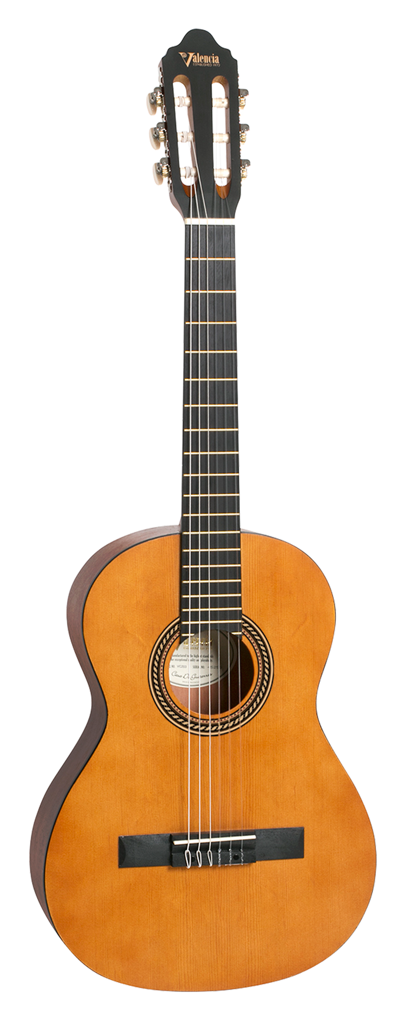 Classical guitar with a light brown wooden body, dark neck, six nylon strings, and an oval sound hole outlined with a decorative rosette.