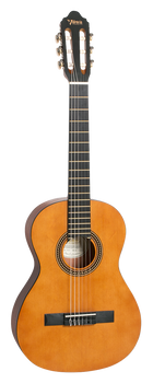 Classical guitar with a light brown wooden body, dark neck, six nylon strings, and an oval sound hole outlined with a decorative rosette.