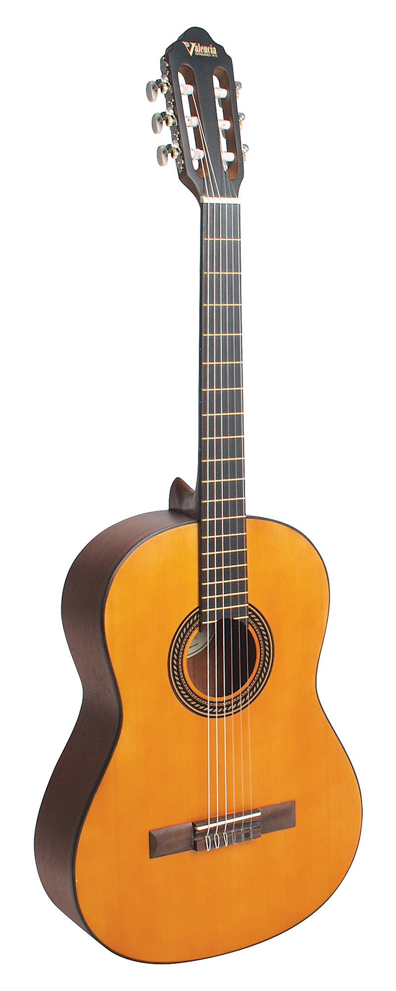 Classical guitar with a light brown front, dark sides and back, six nylon strings, and a round sound hole with decorative rosette pattern.