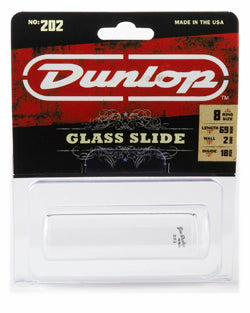 Clear glass guitar slide in plastic packaging, labeled Dunlop Glass Slide, size specs printed on the front, for use with guitars.