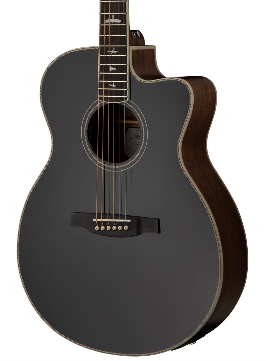Matte black electric guitar with a cutaway, contrasting light wood edges, six strings, white bird inlays on the fretboard, and cream-colored binding.
