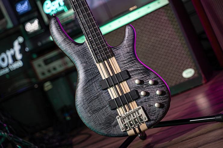 Modern 5-string bass guitar with a black and gray wood finish, striped maple center, two pickups, and five control knobs, resting on a stand.