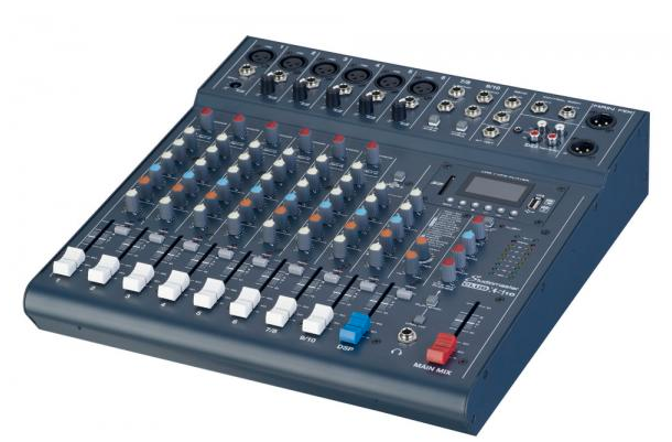 Audio mixer with multiple sliders, knobs, input jacks, and output ports arranged in rows, designed for controlling and balancing sound channels.