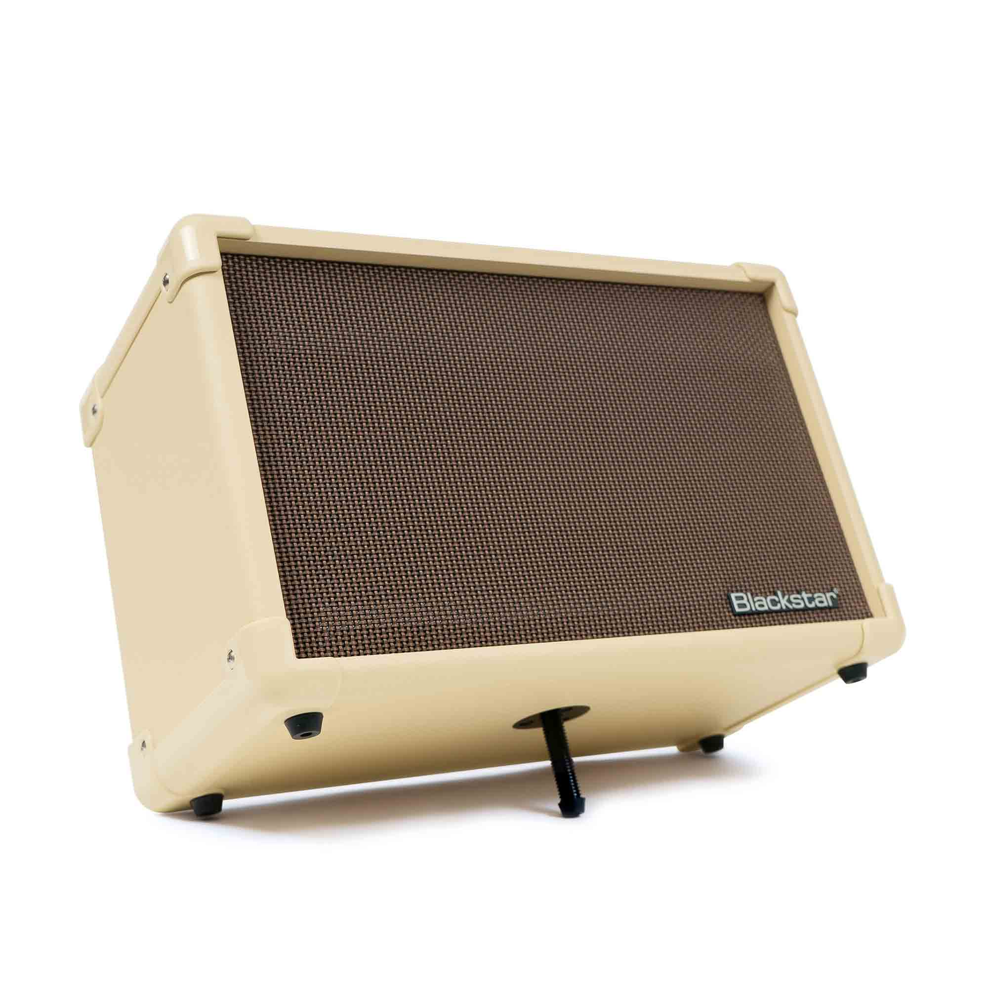 Beige Blackstar amplifier with a brown front grille, rectangular shape, slightly angled back, and small support leg underneath for tilting.