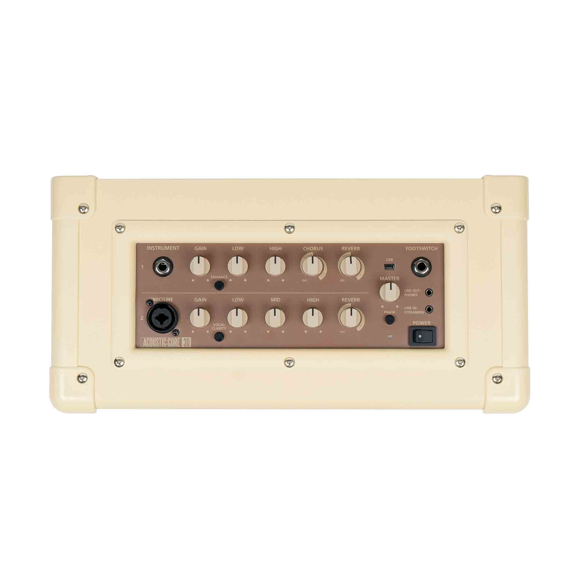 Cream-colored amplifier with two input channels, multiple control knobs for gain, EQ, effects, and various jacks and switches on the front panel.