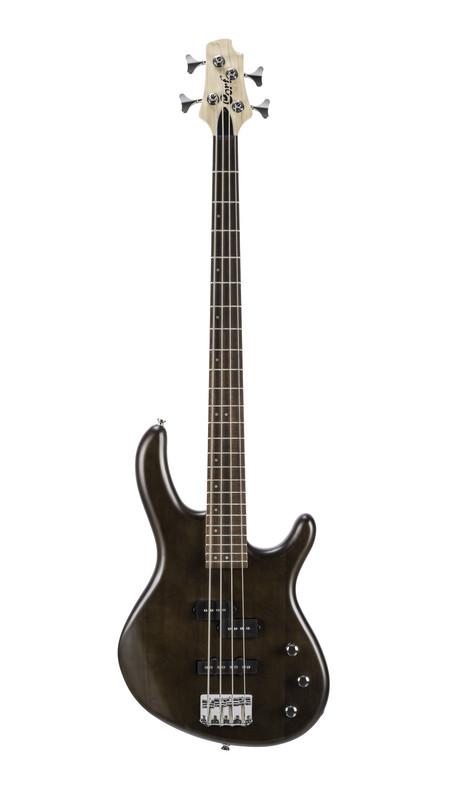 Four-string electric bass guitar with a dark body, light maple headstock, black pickups, three control knobs, and silver tuning pegs.