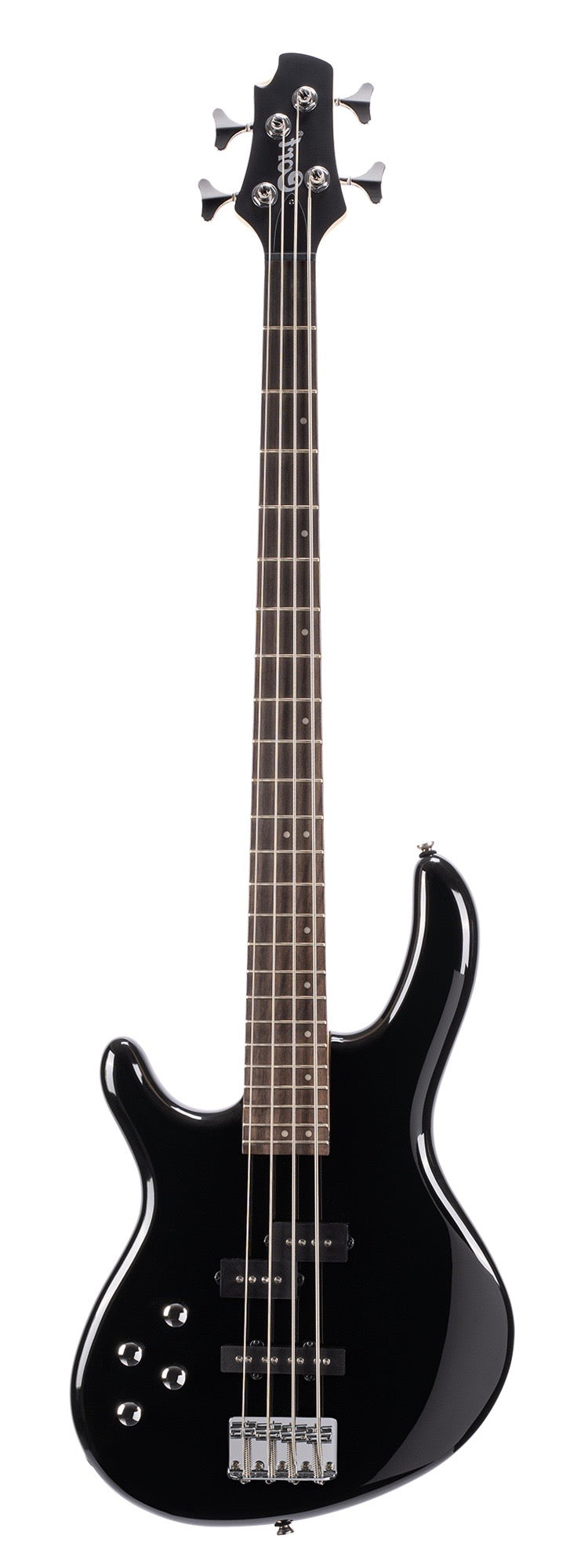 Glossy black 4-string bass guitar with silver tuning pegs, dot inlays on the fretboard, and four control knobs on the body.
