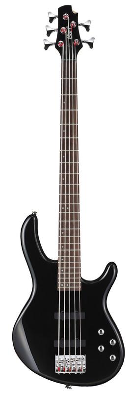 Glossy black 5-string bass guitar with a curved body, chrome tuning pegs, two pickups, and three control knobs on the lower right.