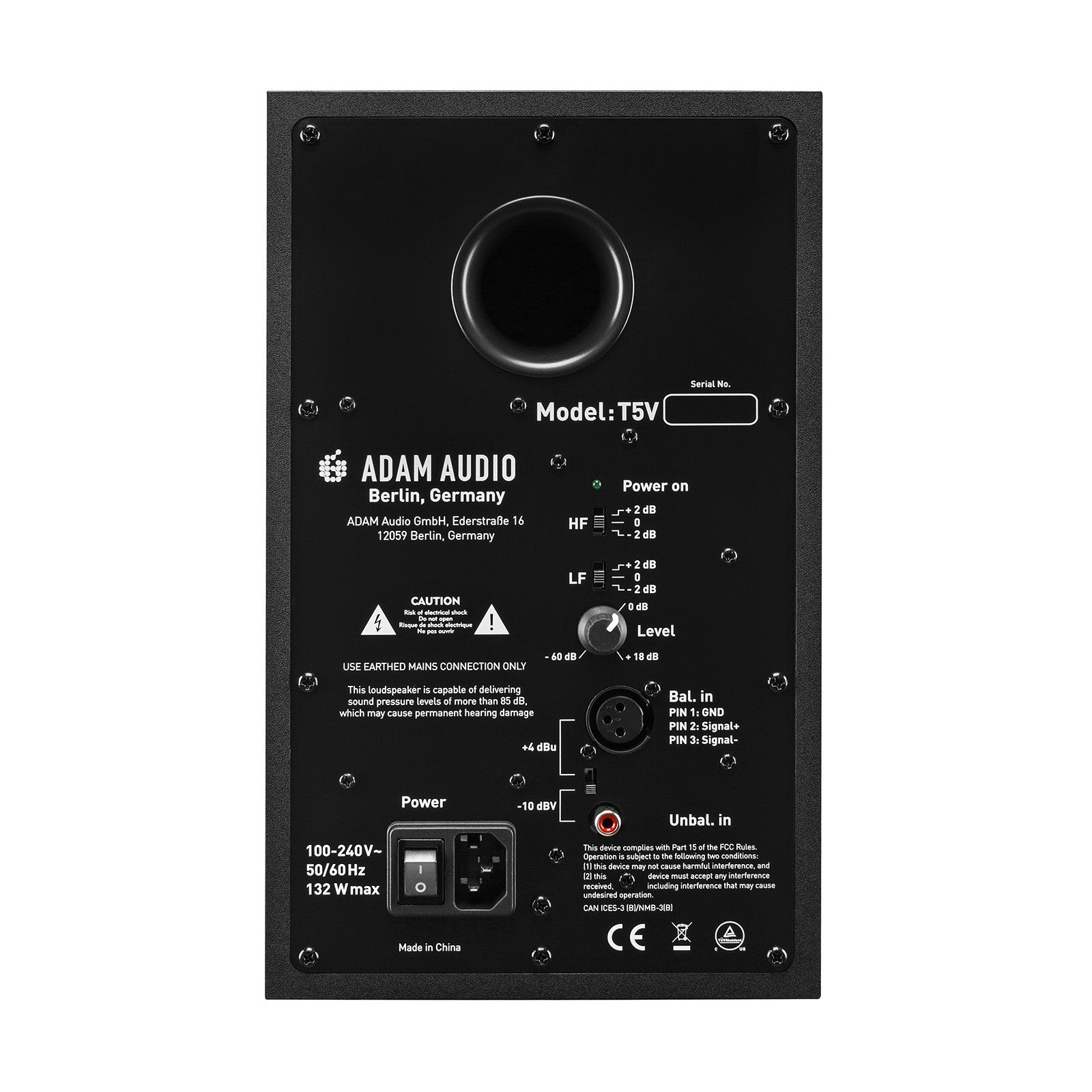 Back panel of ADAM Audio T5V recording monitor, showing ports, power switch, EQ controls, XLR/TRS input, volume knob, and specifications.