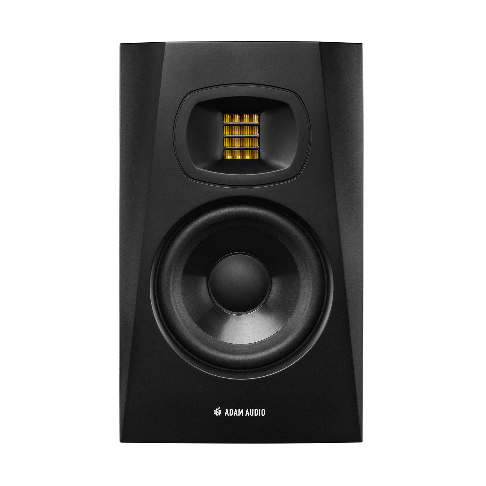Black studio monitor speaker with round woofer, rectangular yellow-ribbon tweeter, and "Adam Audio" logo at the bottom center.