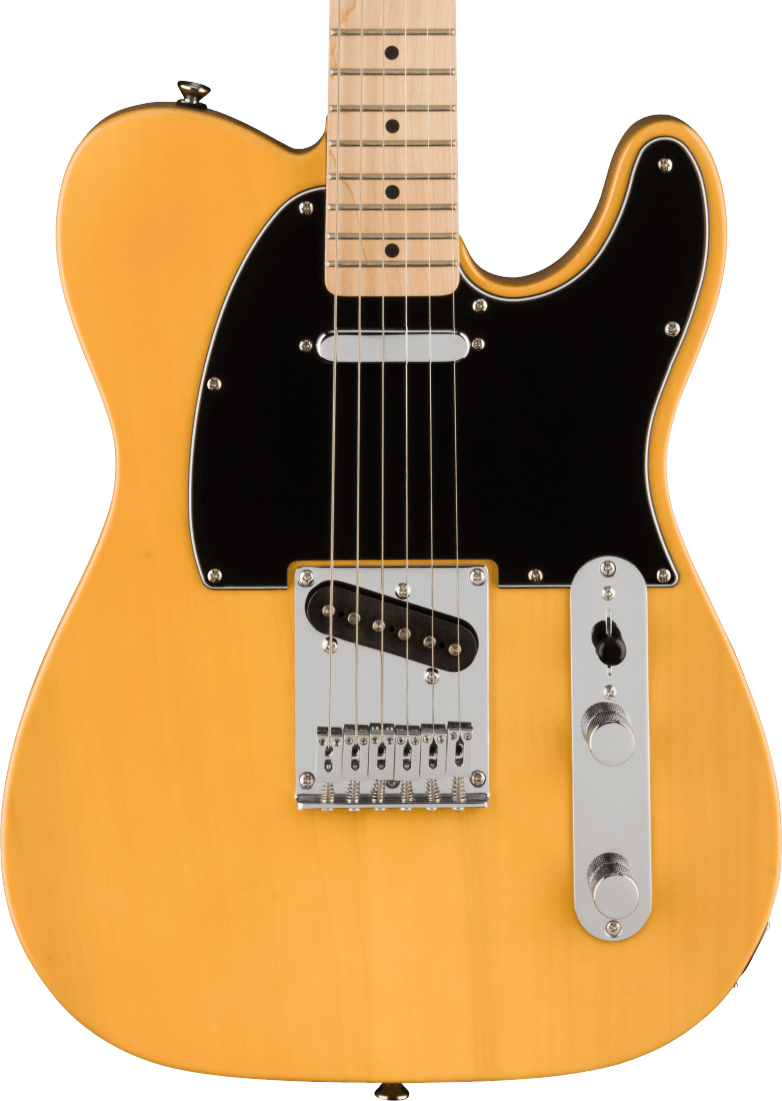 Yellow solid-body electric guitar with six strings, black pickguard, two control knobs, and a chrome bridge plate.