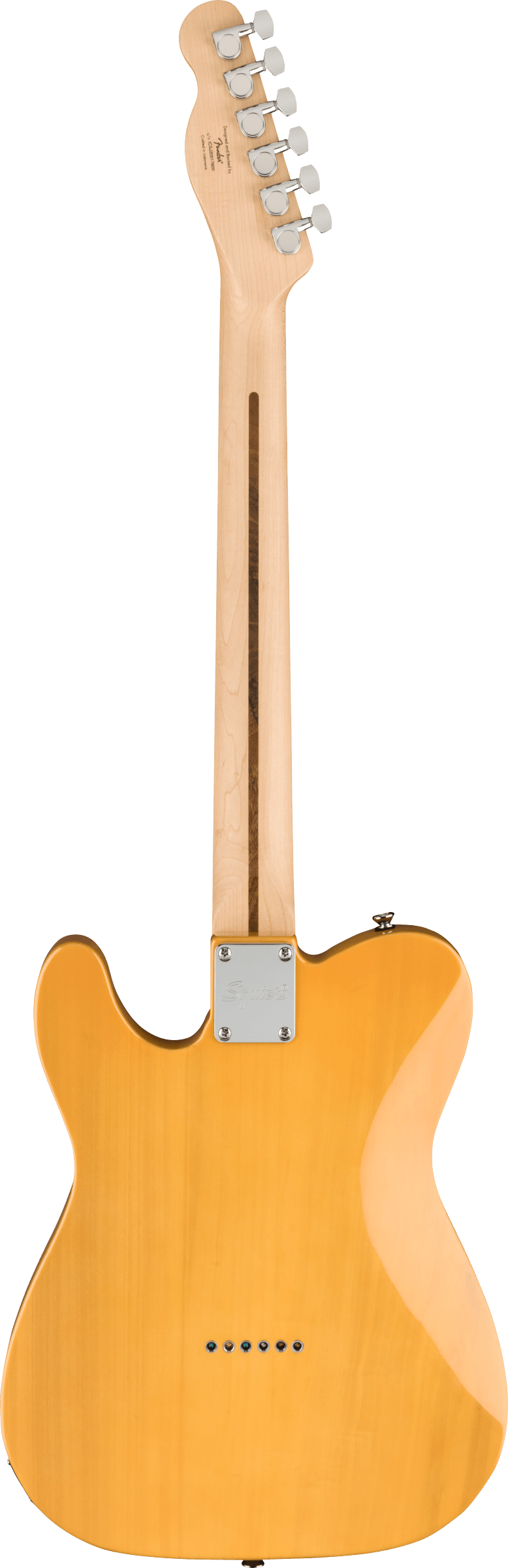 Light wood electric guitar viewed from the back, six tuning pegs, Squier neck plate, and string ferrules visible on the rear of the body.
