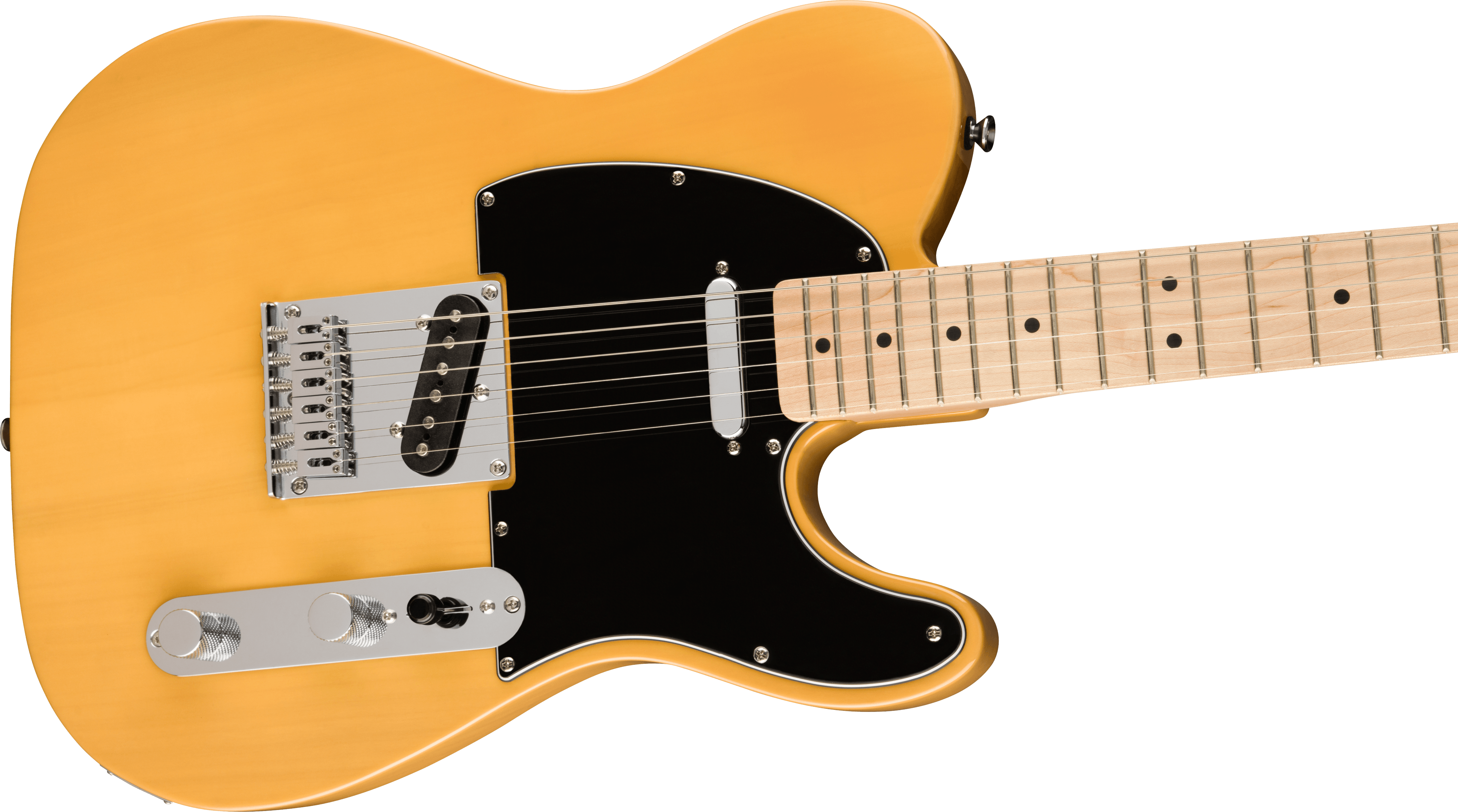 Yellow electric guitar with a black pickguard, chrome knobs, and a light maple neck and fretboard marked with black dot inlays.