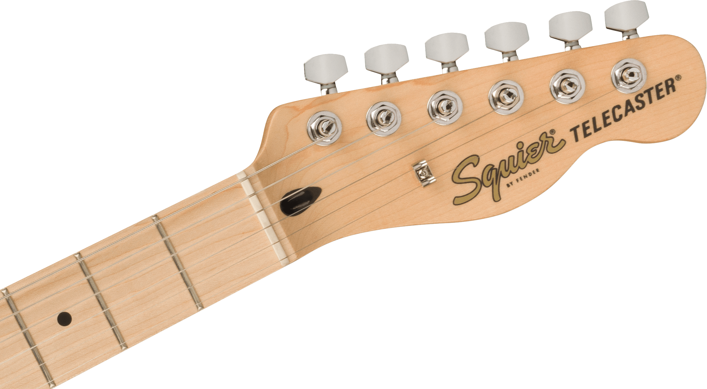 Light wood electric guitar headstock labeled "Squier Telecaster" with six tuning pegs and metal string guides.