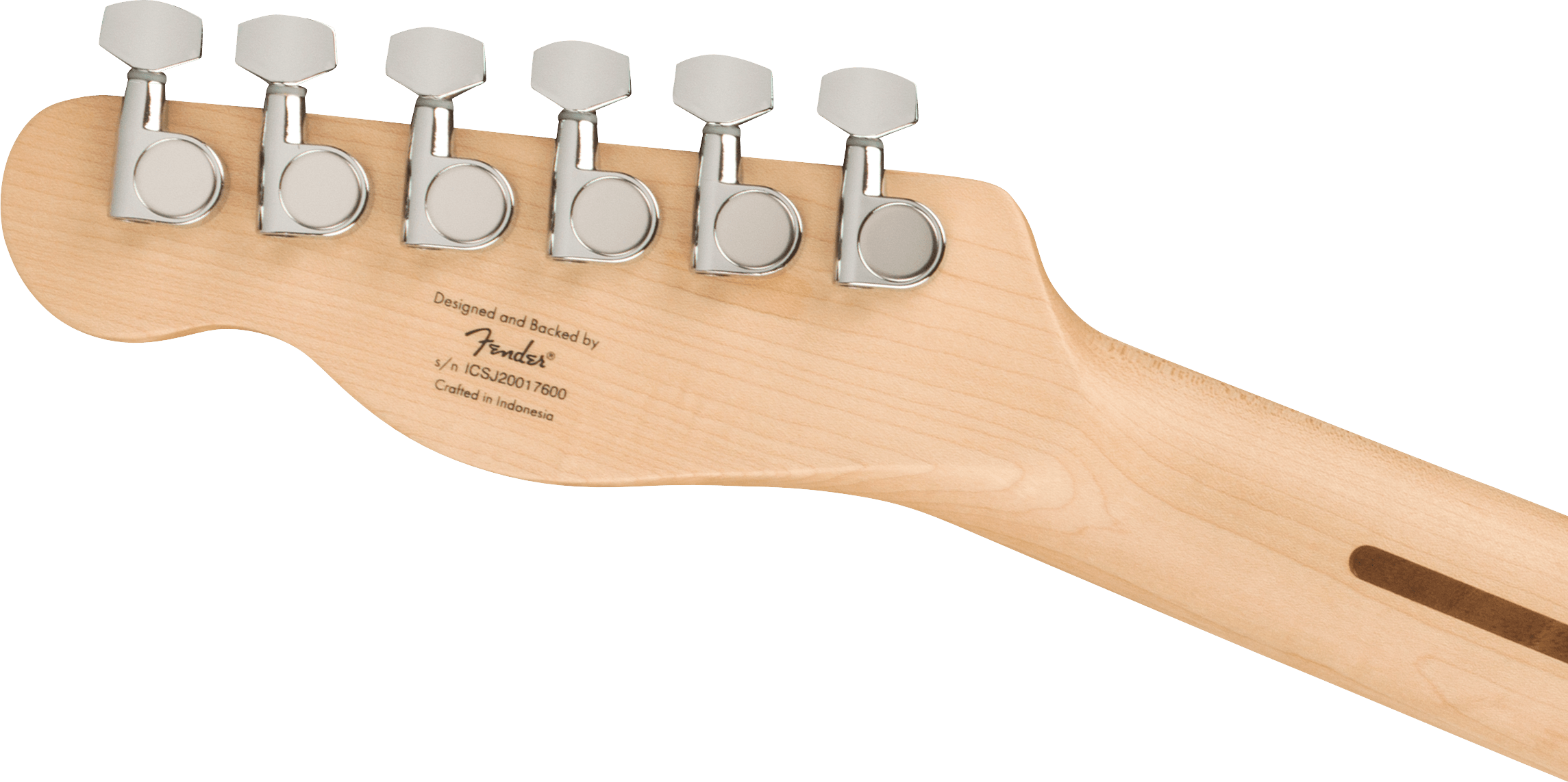 Six chrome tuning pegs line the maple headstock of a Fender electric guitar, with manufacturer details stamped on the back.