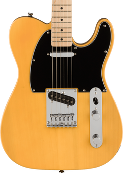 Yellow solid-body electric guitar with six strings, black pickguard, two control knobs, and a chrome bridge plate.
