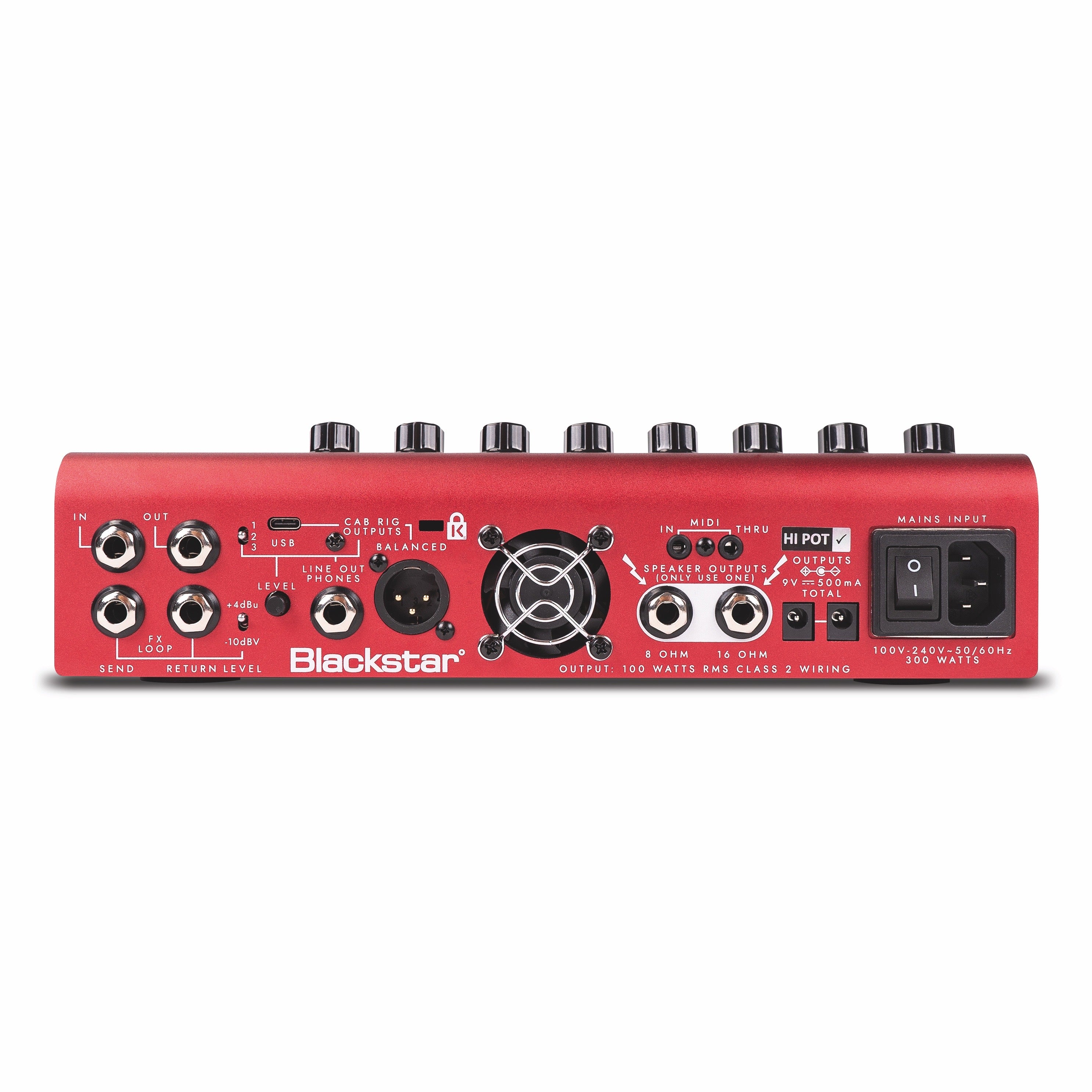 Red Blackstar amplifier rear panel with multiple input/output jacks, control knobs, USB, MIDI, headphone, speaker outputs, power switch, and cooling fan.