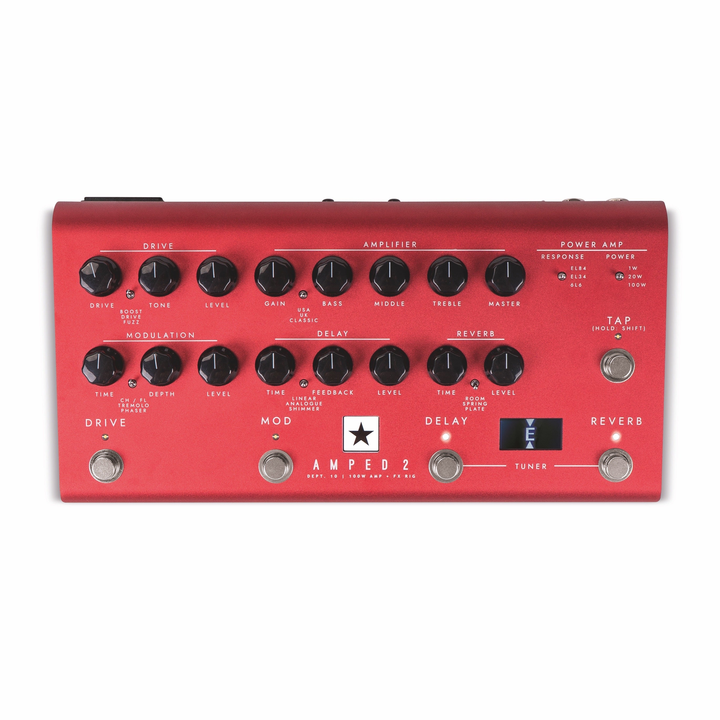 Red amplifier unit with multiple black knobs and buttons for drive, modulation, delay, reverb, power settings, and a small digital tuner display.