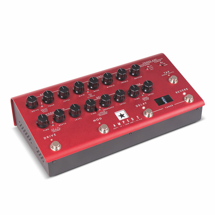 Red amplifier unit with fifteen black control knobs, four footswitches, a small digital tuner display, and labeled sections for drive, mod, delay, and reverb.