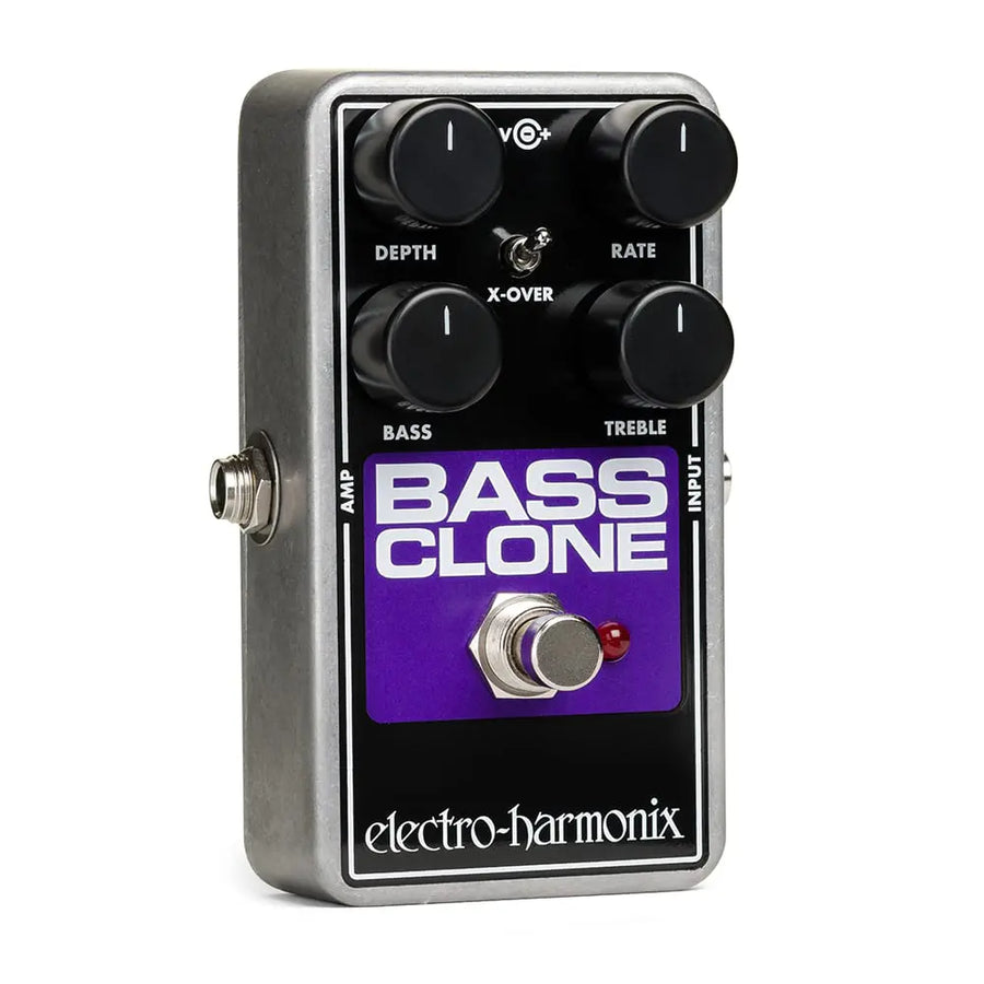 Electro-Harmonix Bass Clone effects pedal with four control knobs, a toggle switch, footswitch, and purple label.