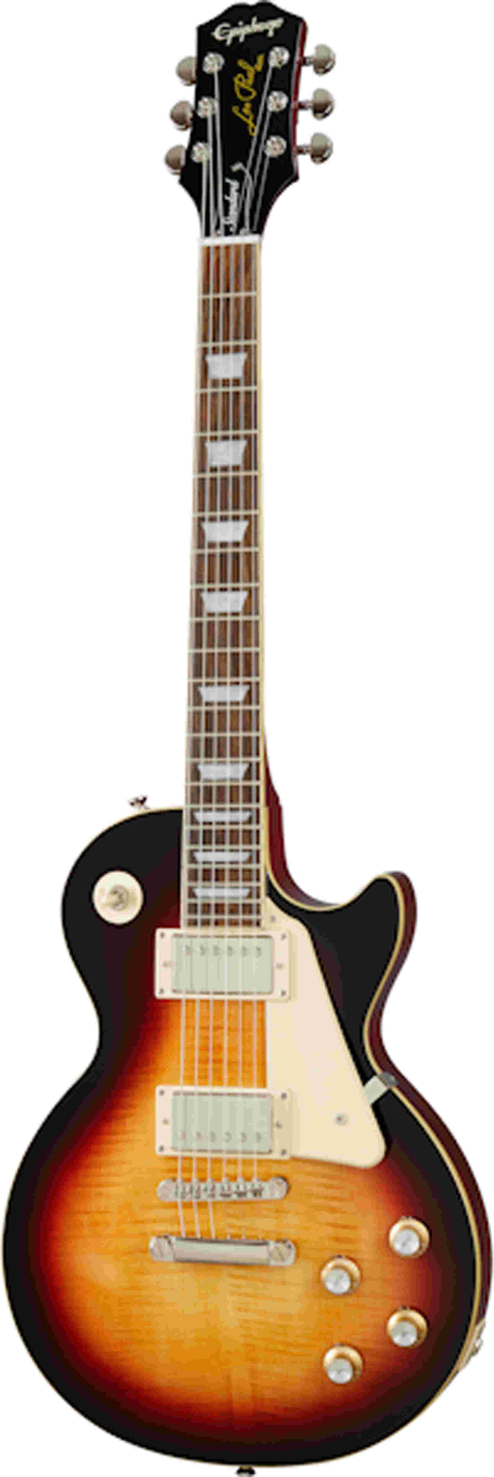 Epiphone Les Paul electric guitar with sunburst finish, white pickguard, two humbucker pickups, four control knobs, and trapezoid inlays.